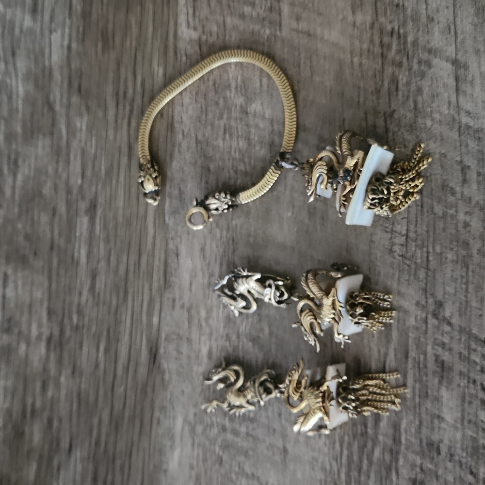 Vintage gold tone dragon bracelet and earrings set